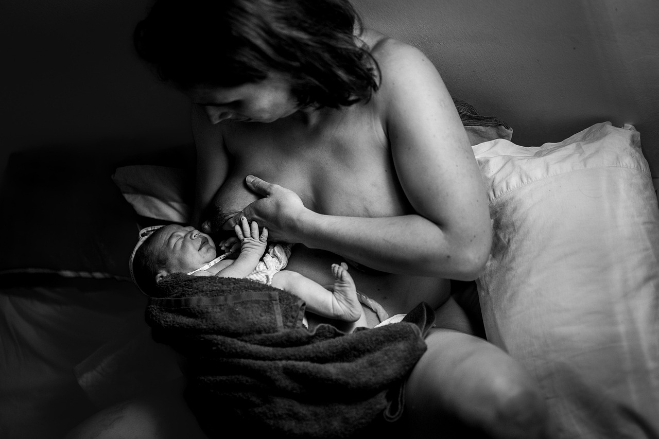 mother, newborn, breastfeeding, infant, birth, post natal, family, monochrome, portrait
